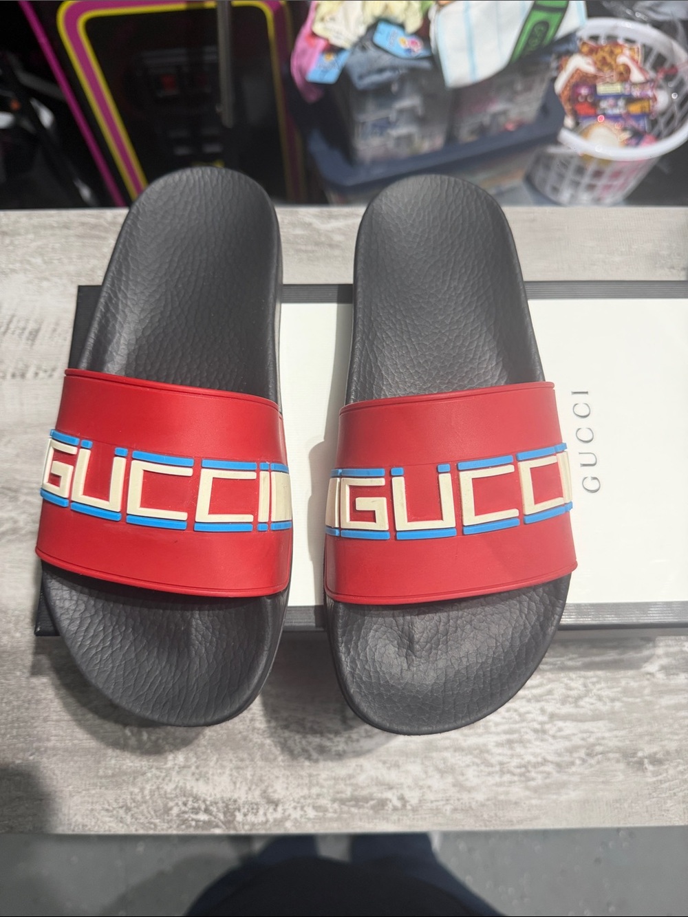 Gucci Red Logo Slide Sandals with Blue & Cream Accents